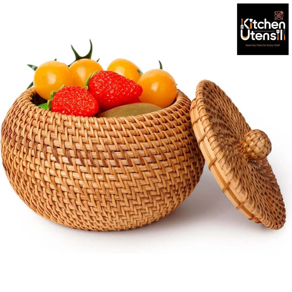 Round Rattan Basket Boxes With Lid Hand Woven Storage Box for Table