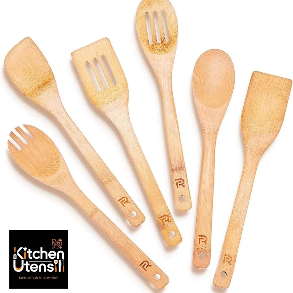 Riveira Bamboo Wooden Spoons: 6-Piece Nonstick Utensil Set For Cooking